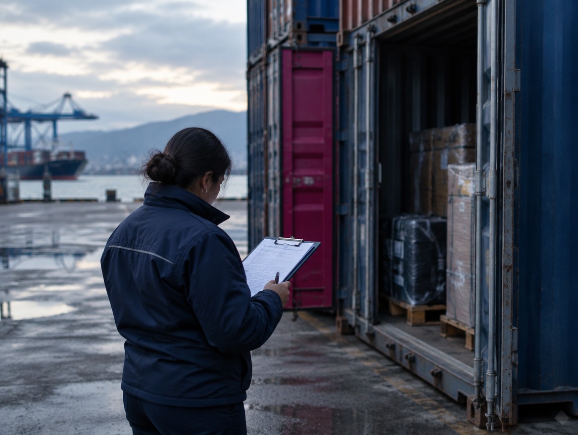 Customs agent reviewing documents in front of an open container at the port