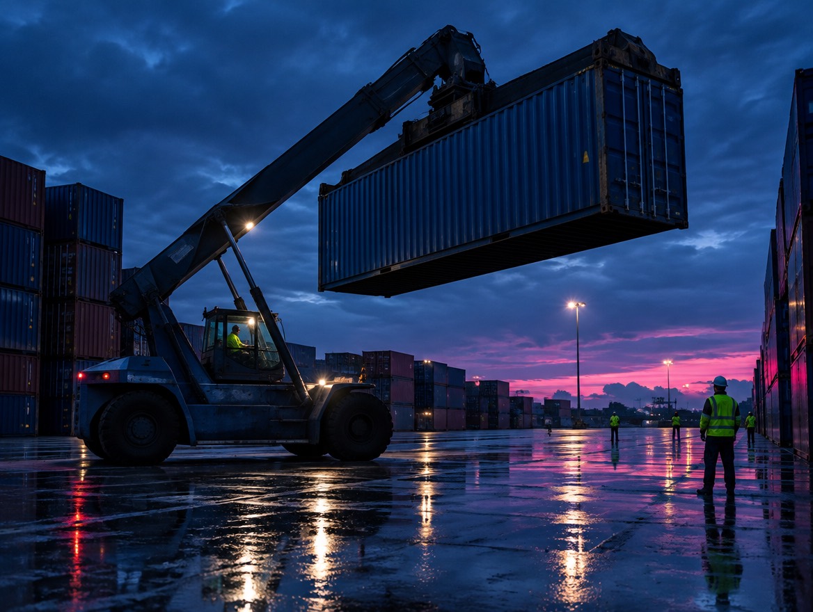 Reach stacker lifting a container in the yard